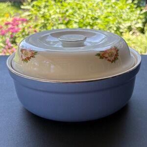 Vintage Hall China Wild Rose Blue Casserole Dish with Lid Made in USA MCM Floral
